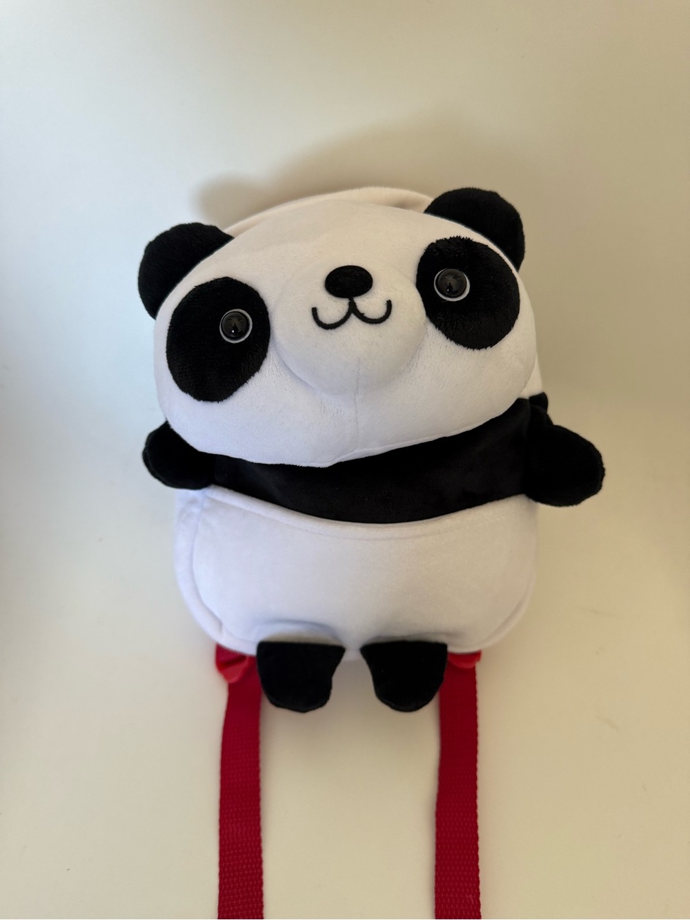Plush Panda Kids Backpack - White & Black with Red Straps